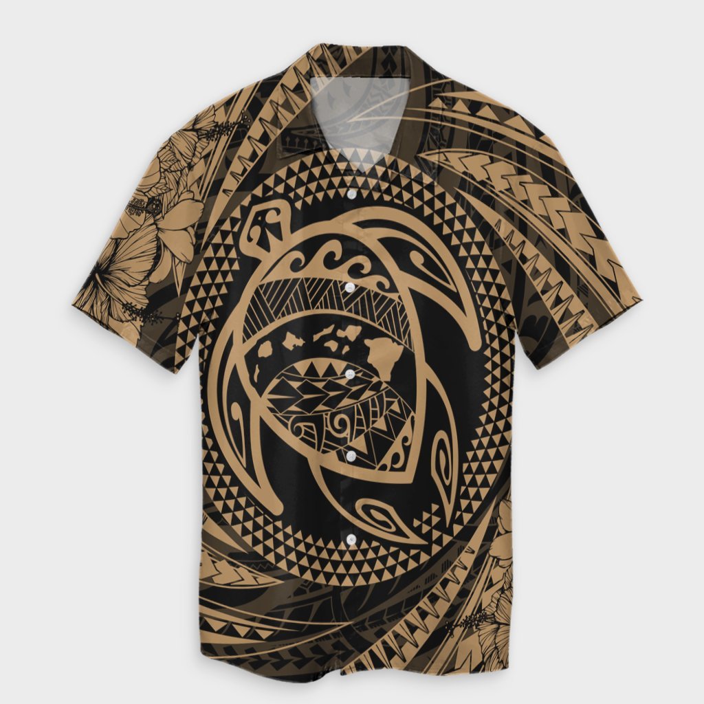 Hawaiian Kanaka Honu Hibiscus Tornando Polynesian Gold Hawaiian Shirt - AH Unisex Black - Polynesian Pride