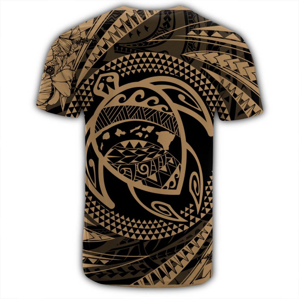 Hawaiian Kanaka Honu Hibiscus Tornando Polynesian Gold T Shirt - Polynesian Pride