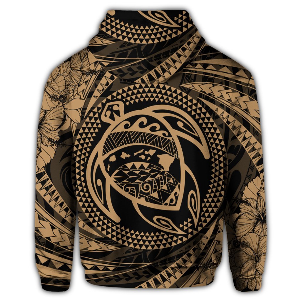 Hawaiian Kanaka Honu Hibiscus Tornando Polynesian Gold Zip Hoodie - Polynesian Pride
