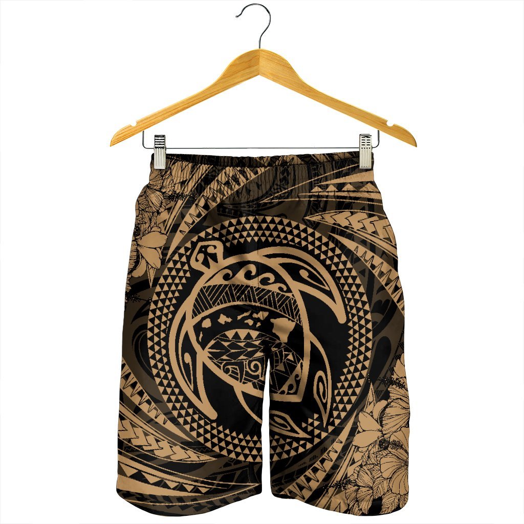 Hawaiian Kanaka Honu Hibiscus Tornando Polynesian Gold Men's Shorts - AH - Polynesian Pride