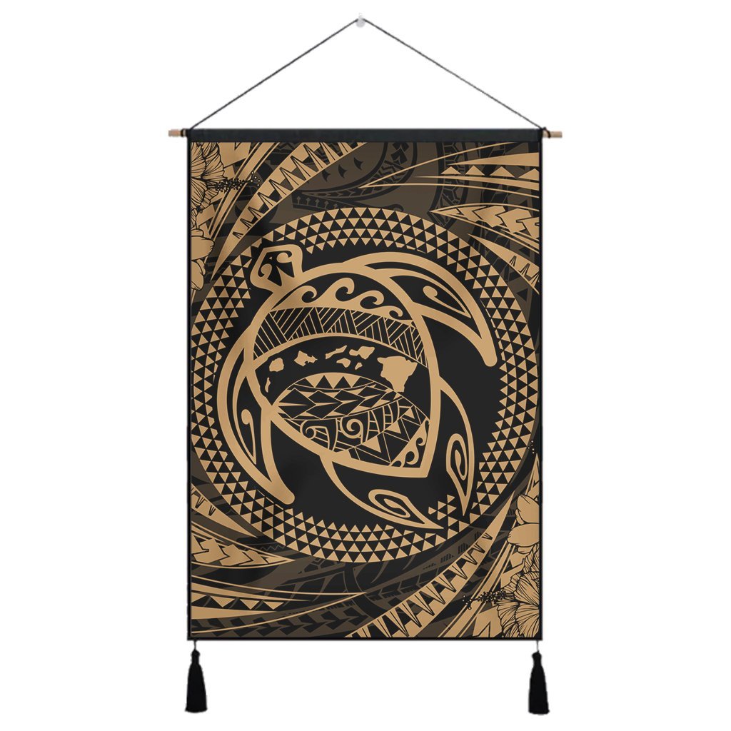 Hawaiian Kanaka Honu Hibiscus Tornando Polynesian Gold Hanging Poster - AH Hanging Poster Cotton And Linen - Polynesian Pride