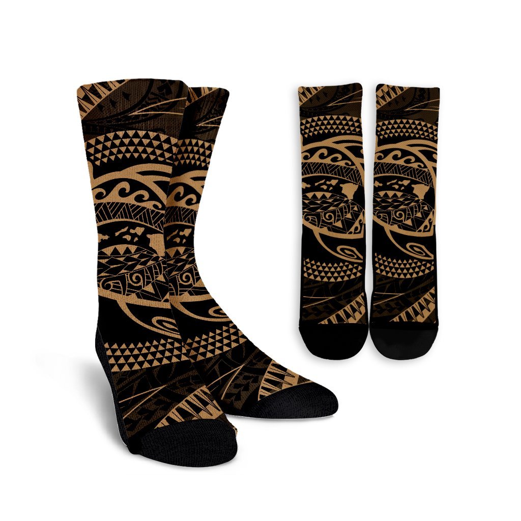 Hawaiian Kanaka Honu Hibiscus Tornando Polynesian Gold Crew Socks - AH Crew Socks White - Polynesian Pride