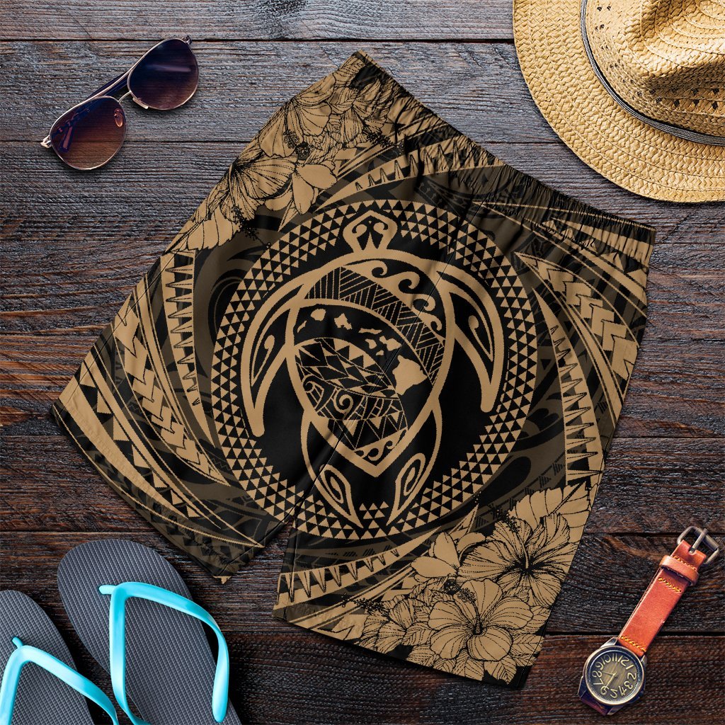 Hawaiian Kanaka Honu Hibiscus Tornando Polynesian Gold Men's Shorts - AH Art - Polynesian Pride