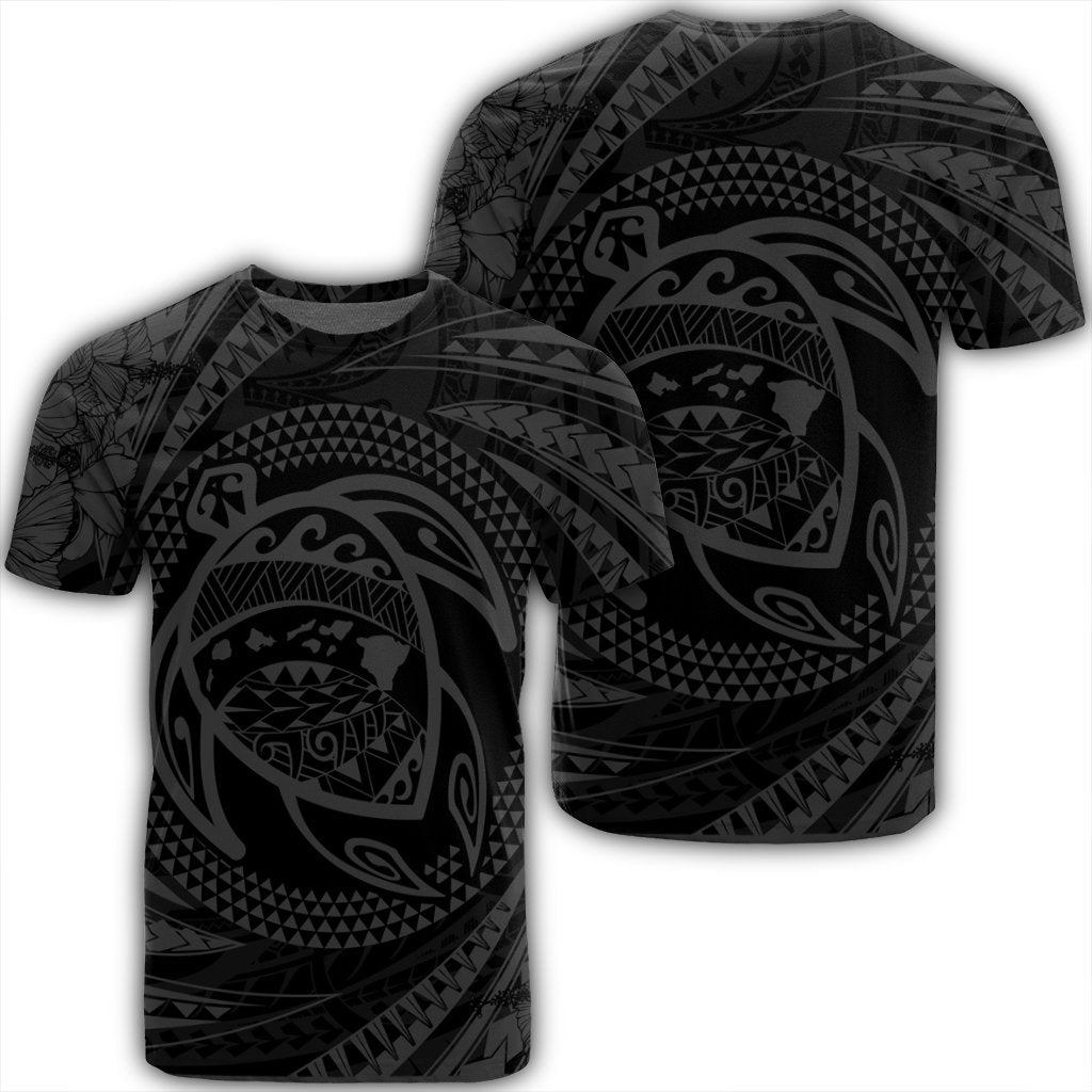 Hawaiian Kanaka Honu Hibiscus Tornando Polynesian Gray T Shirt Unisex Black - Polynesian Pride