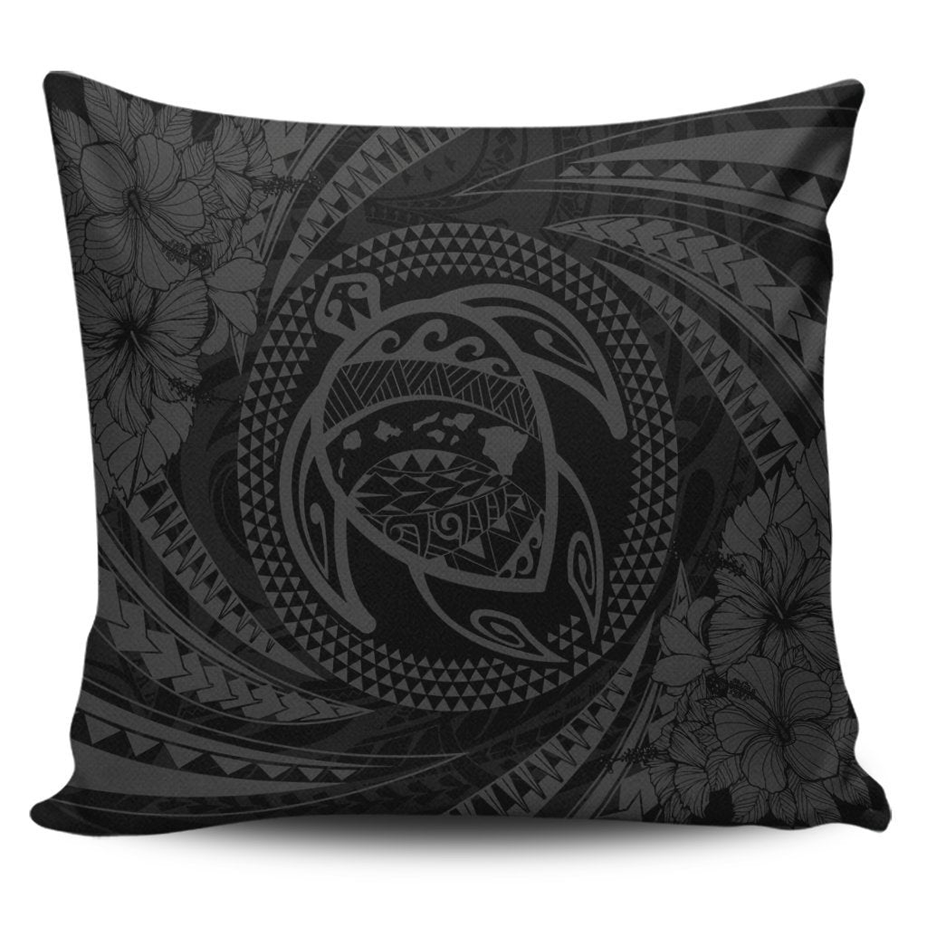 Hawaiian Kanaka Honu Hibiscus Tornando Polynesian Gray Pillow Covers - AH Pillow Covers Black - Polynesian Pride