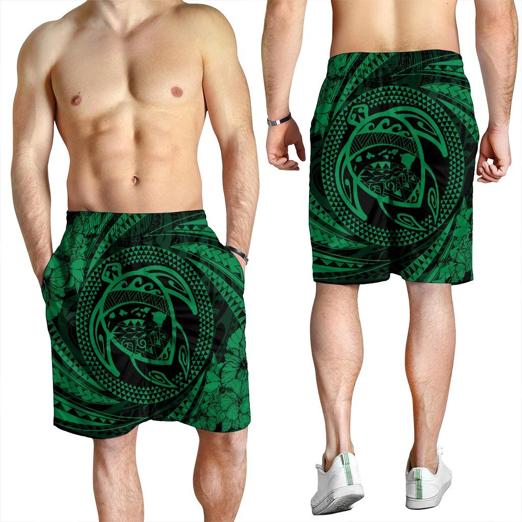 Hawaiian Kanaka Honu Hibiscus Tornando Polynesian Green Men's Shorts - AH - Polynesian Pride