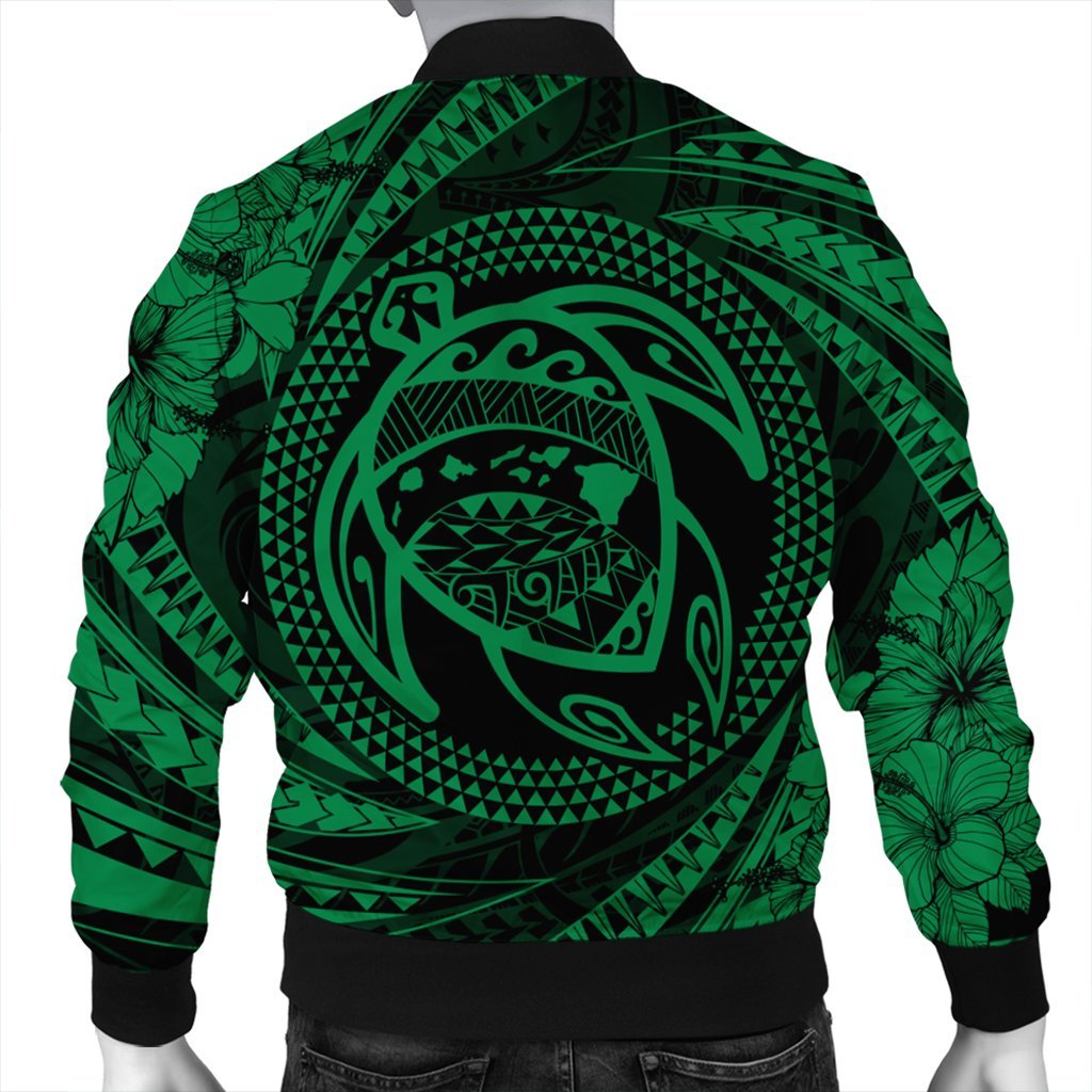 Hawaiian Kanaka Honu Hibiscus Tornando Polynesian Green Bomber Jacket - AH - Polynesian Pride