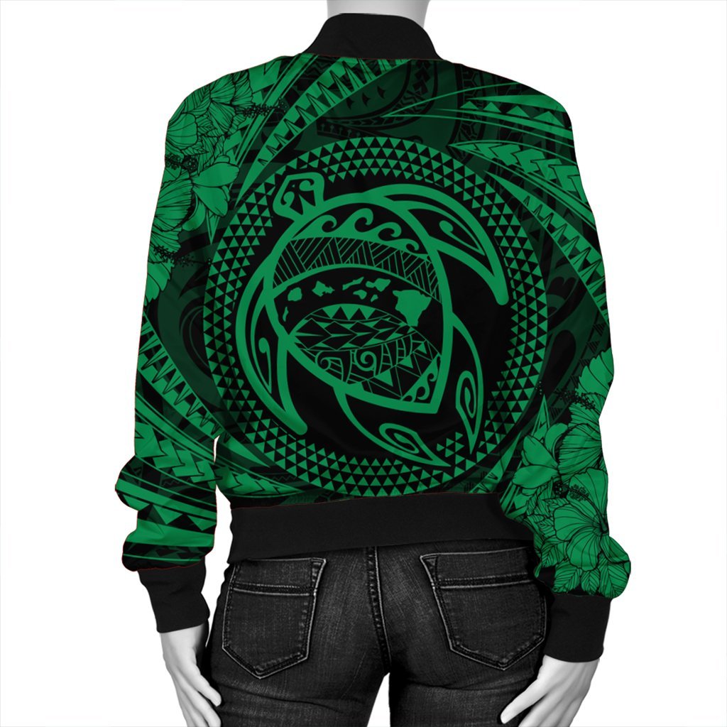 Hawaiian Kanaka Honu Hibiscus Tornando Polynesian Green Bomber Jacket - AH - Polynesian Pride