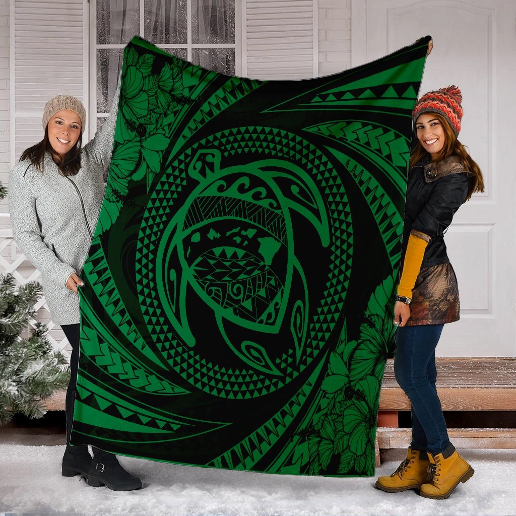 Hawaiian Kanaka Honu Hibiscus Tornando Polynesian Green Premium Blankets - AH - Polynesian Pride