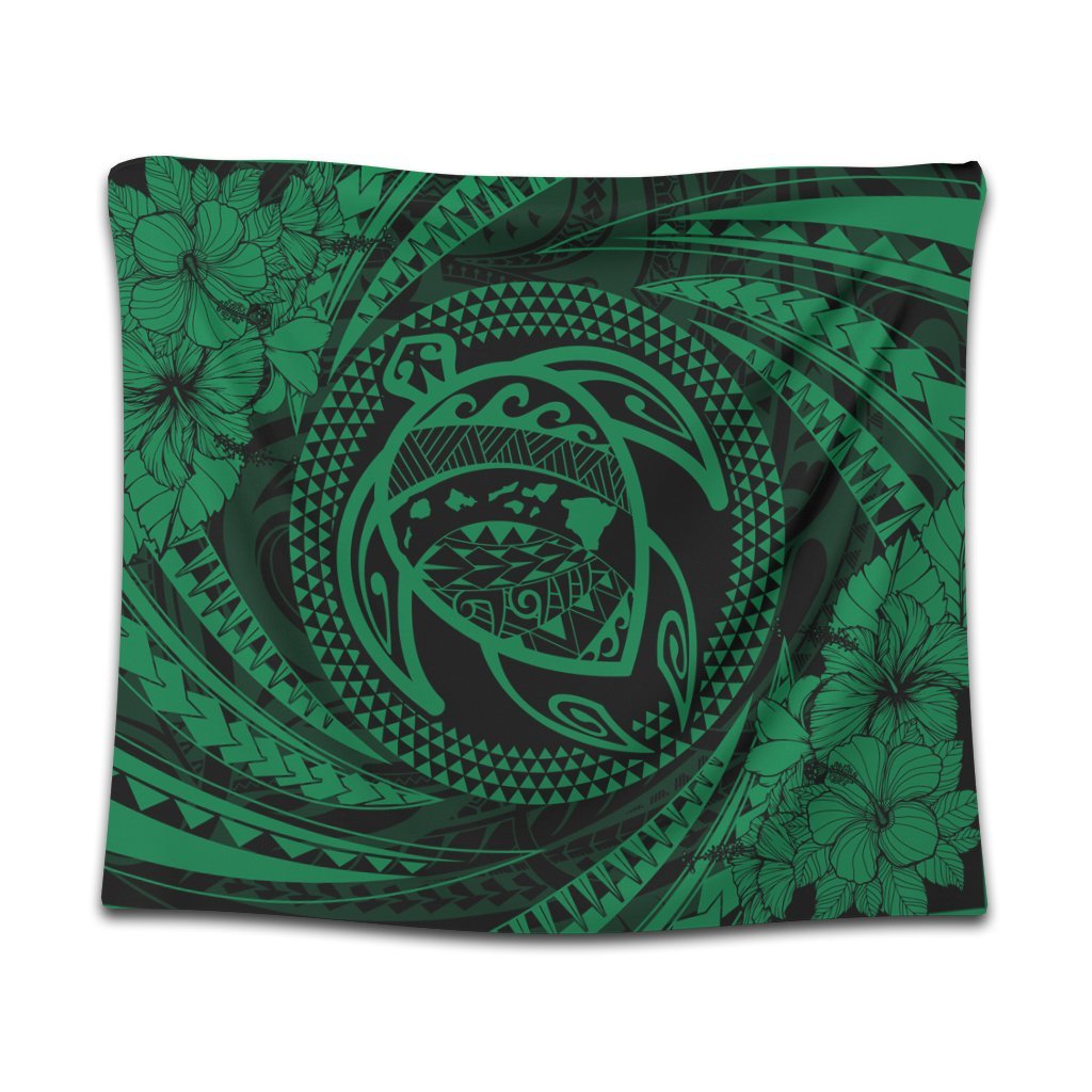 Hawaiian Kanaka Honu Hibiscus Tornando Polynesian Green Tapestry - AH Wall Tapestry Black - Polynesian Pride