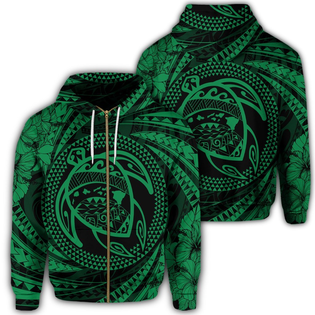 Hawaiian Kanaka Honu Hibiscus Tornando Polynesian Green Zip Hoodie Unisex Art - Polynesian Pride