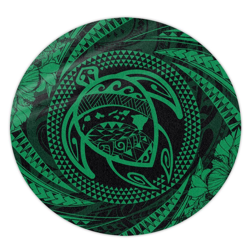 Hawaiian Kanaka Honu Hibiscus Tornando Polynesian Green Round Carpet - AH Round Carpet Luxurious Plush - Polynesian Pride