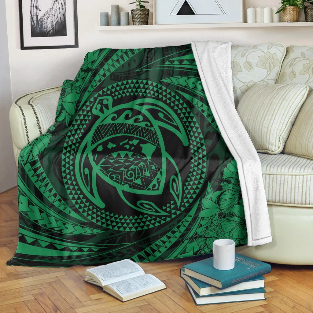 Hawaiian Kanaka Honu Hibiscus Tornando Polynesian Green Premium Blankets - AH White - Polynesian Pride