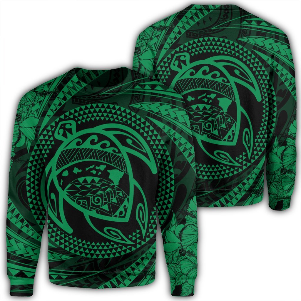 Hawaiian Kanaka Honu Hibiscus Tornando Polynesian Green Sweatshirt - AH Unisex Black - Polynesian Pride