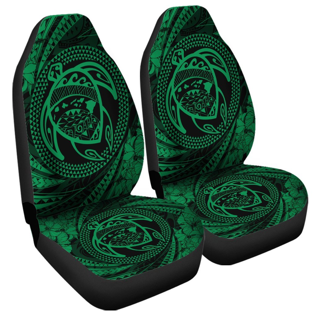 Hawaiian Kanaka Honu Hibiscus Tornando Polynesian Green Car Seat Covers - AH Universal Fit Black - Polynesian Pride