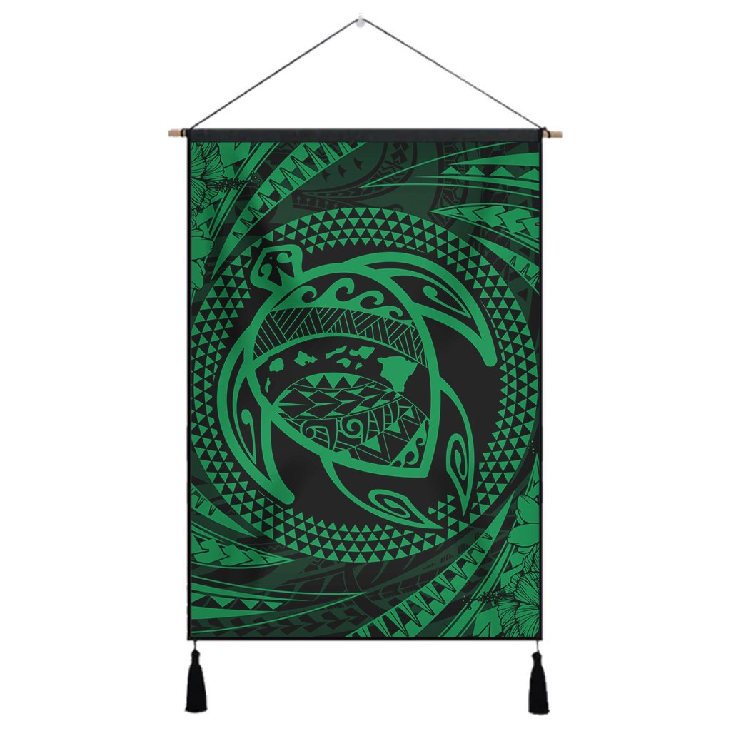 Hawaiian Kanaka Honu Hibiscus Tornando Polynesian Green Hanging Poster - AH Hanging Poster Cotton And Linen - Polynesian Pride