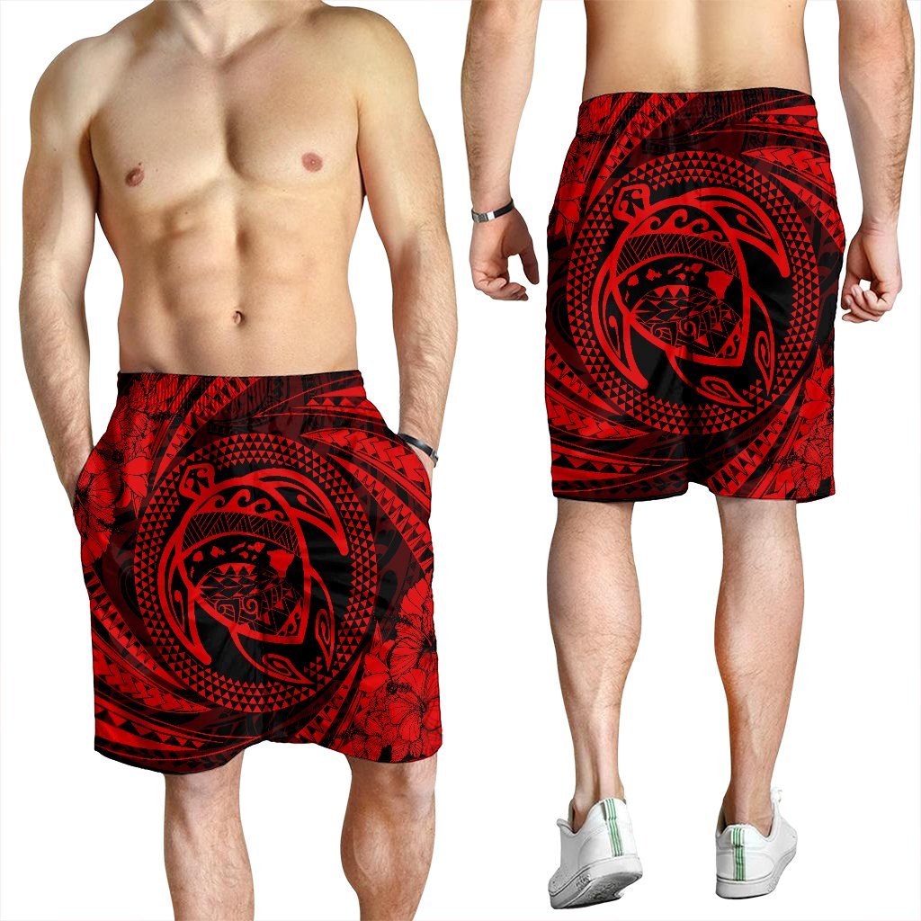 Hawaiian Kanaka Honu Hibiscus Tornando Polynesian Red Men's Shorts - AH - Polynesian Pride