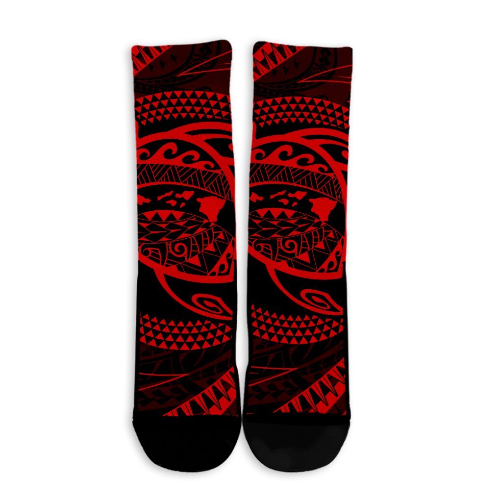 Hawaiian Kanaka Honu Hibiscus Tornando Polynesian Red Crew Socks - AH - Polynesian Pride