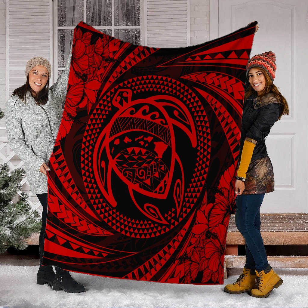 Hawaiian Kanaka Honu Hibiscus Tornando Polynesian Red Premium Blankets - AH - Polynesian Pride