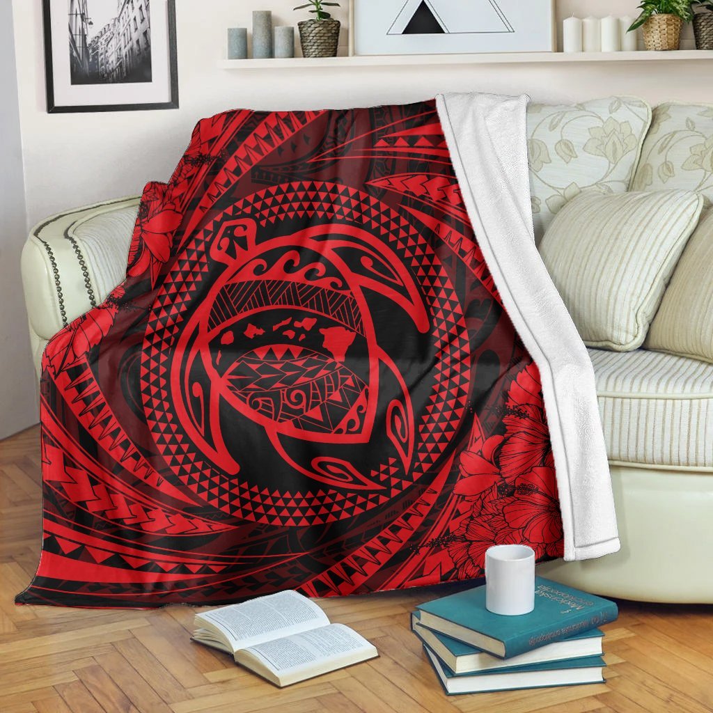 Hawaiian Kanaka Honu Hibiscus Tornando Polynesian Red Premium Blankets - AH White - Polynesian Pride