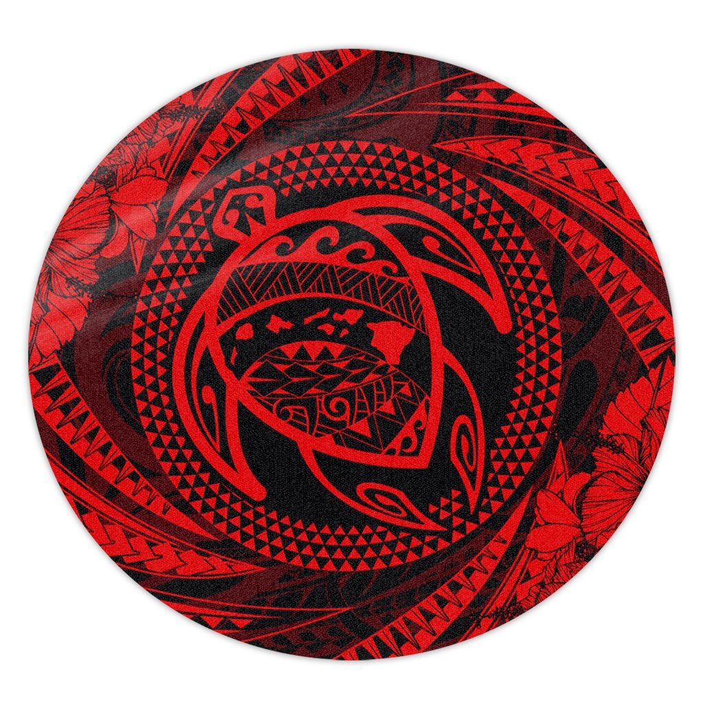 Hawaiian Kanaka Honu Hibiscus Tornando Polynesian Red Round Carpet - AH Round Carpet Luxurious Plush - Polynesian Pride