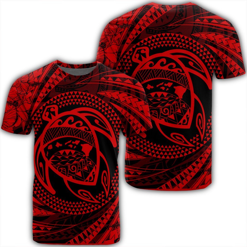 Hawaiian Kanaka Honu Hibiscus Tornando Polynesian Red T Shirt Unisex Black - Polynesian Pride