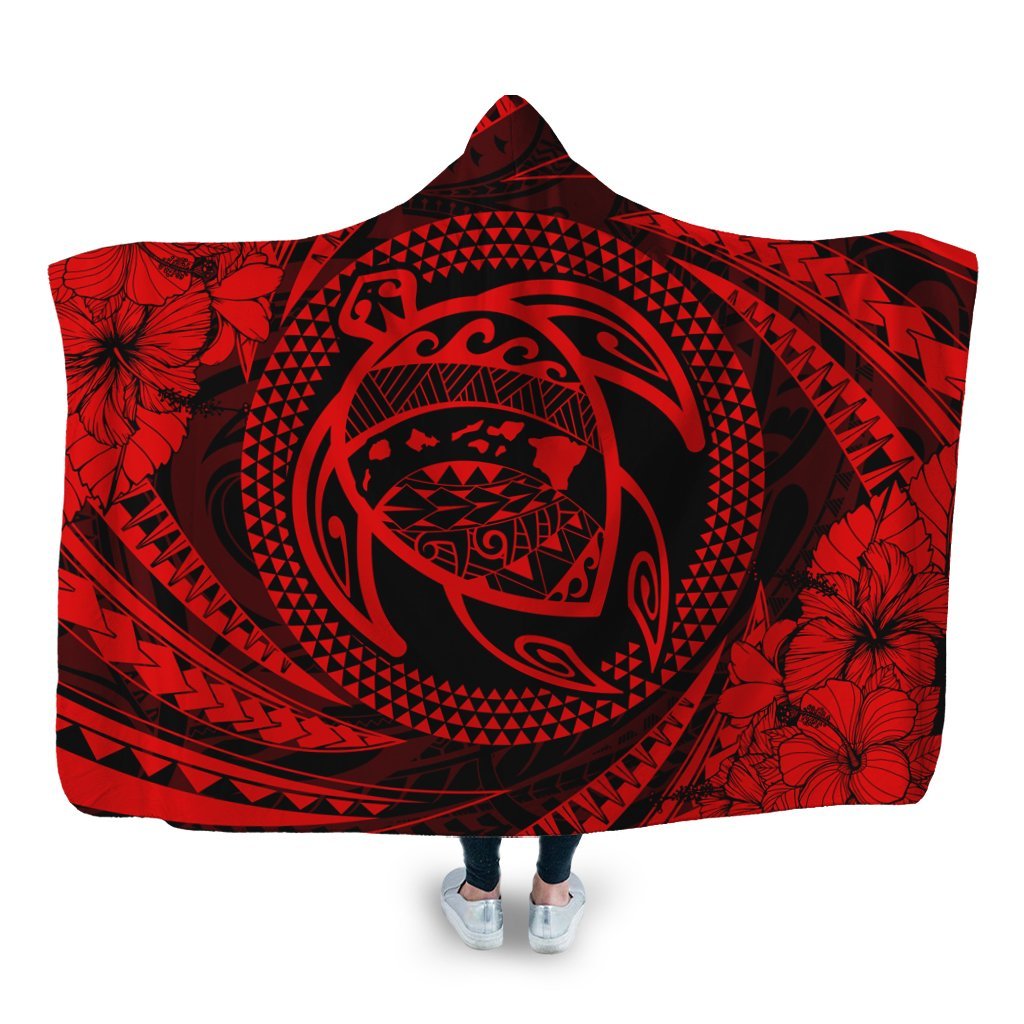 Hawaiian Kanaka Honu Hibiscus Tornando Polynesian Red Hooded Blanket - AH Hooded Blanket White - Polynesian Pride