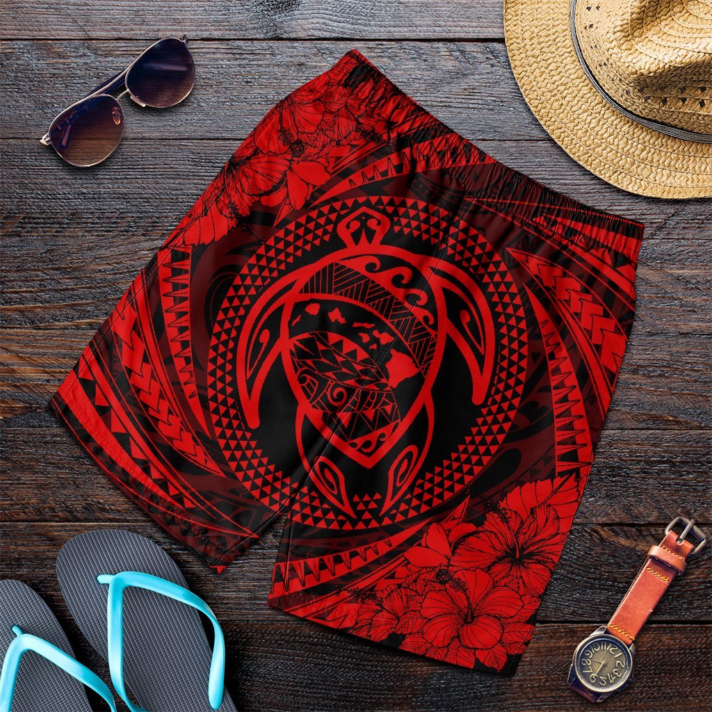 Hawaiian Kanaka Honu Hibiscus Tornando Polynesian Red Men's Shorts - AH Art - Polynesian Pride