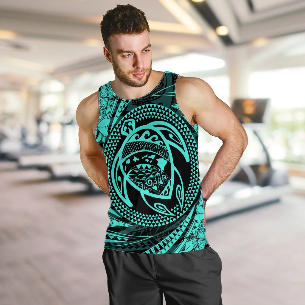 Hawaiian Kanaka Honu Hibiscus Tornando Polynesian Turquoise Tank Top - AH - Polynesian Pride
