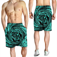 Hawaiian Kanaka Honu Hibiscus Tornando Polynesian Turquoise Men's Shorts - AH - Polynesian Pride