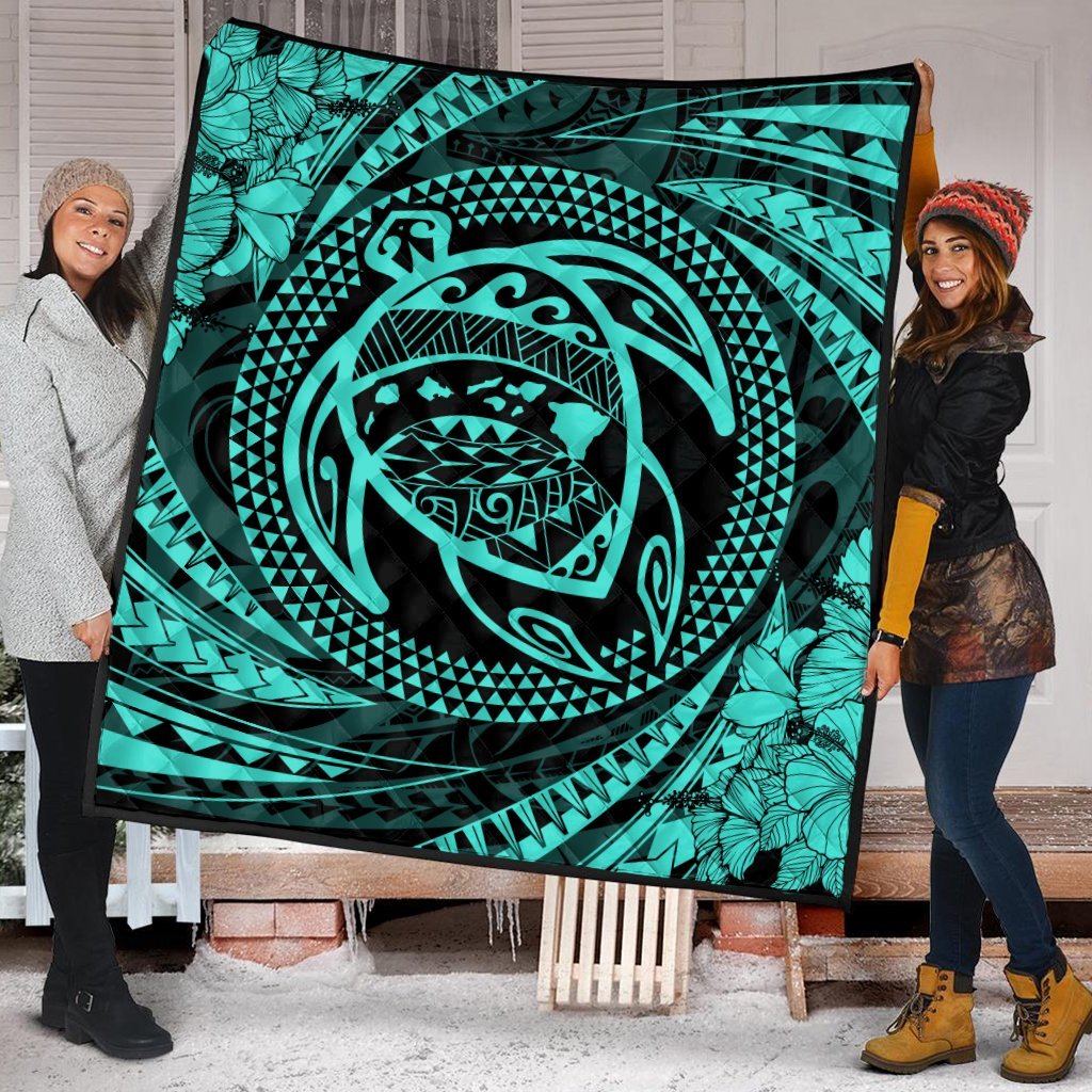 Hawaiian Kanaka Honu Hibiscus Tornando Polynesian Turquoise Premium Quilts - AH - Polynesian Pride