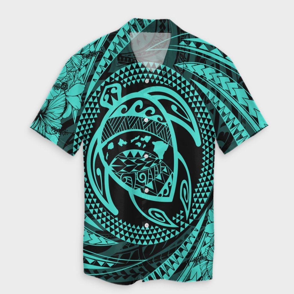 Hawaiian Kanaka Honu Hibiscus Tornando Polynesian Turquoise Hawaiian Shirt - AH Unisex Black - Polynesian Pride