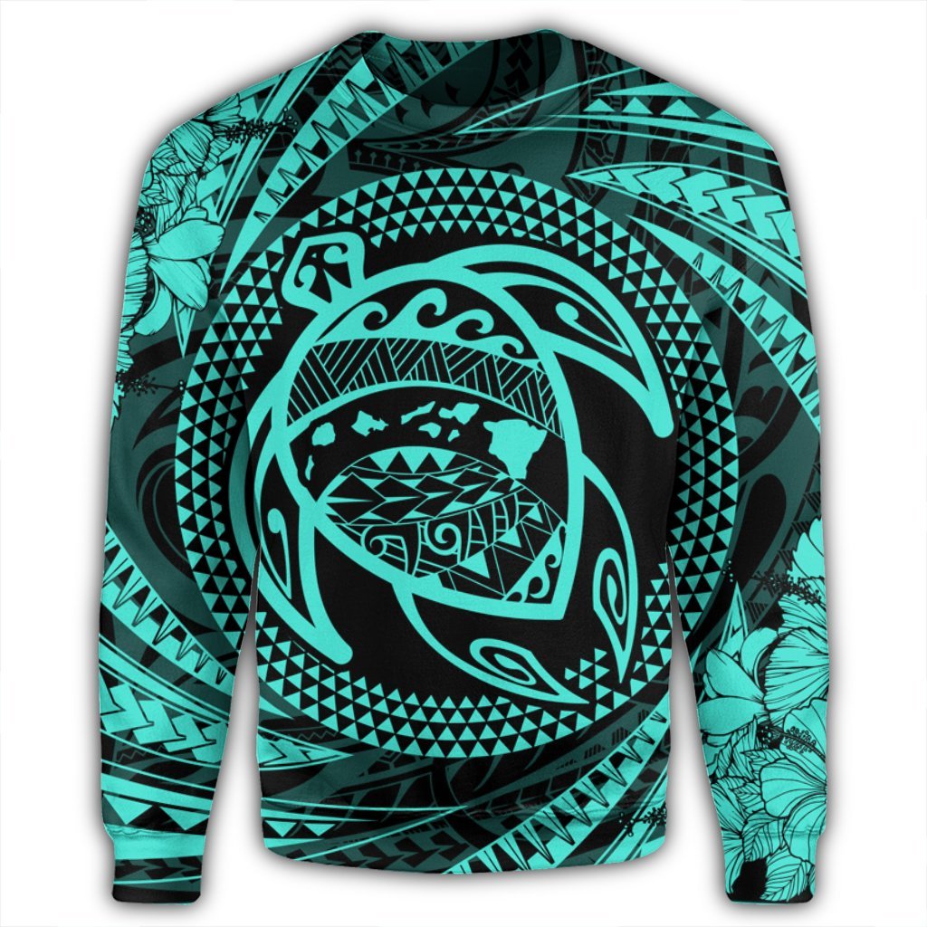 Hawaiian Kanaka Honu Hibiscus Tornando Polynesian Turquoise Sweatshirt - AH - Polynesian Pride
