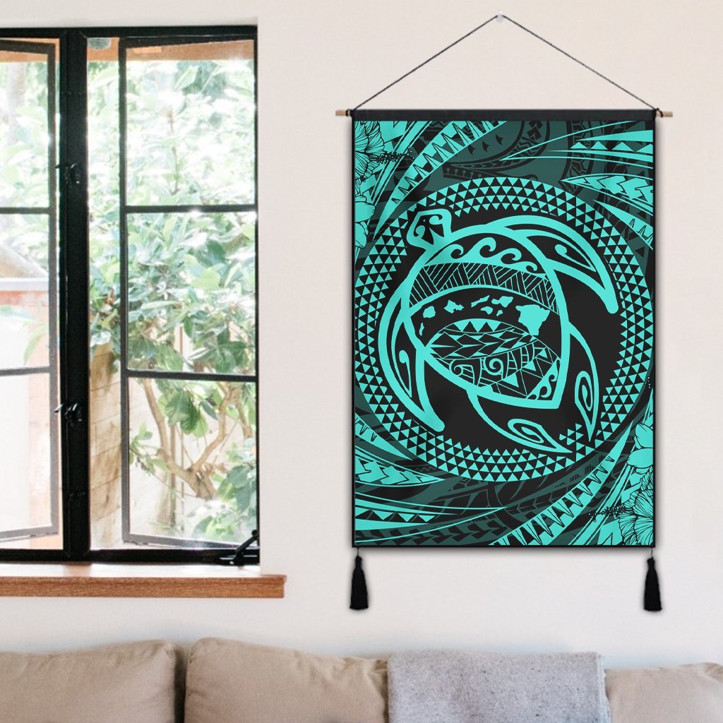 Hawaiian Kanaka Honu Hibiscus Tornando Polynesian Turquoise Hanging Poster - AH - Polynesian Pride