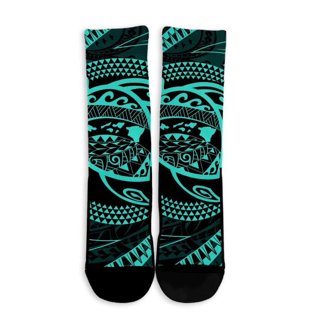 Hawaiian Kanaka Honu Hibiscus Tornando Polynesian Turquoise Crew Socks - AH - Polynesian Pride