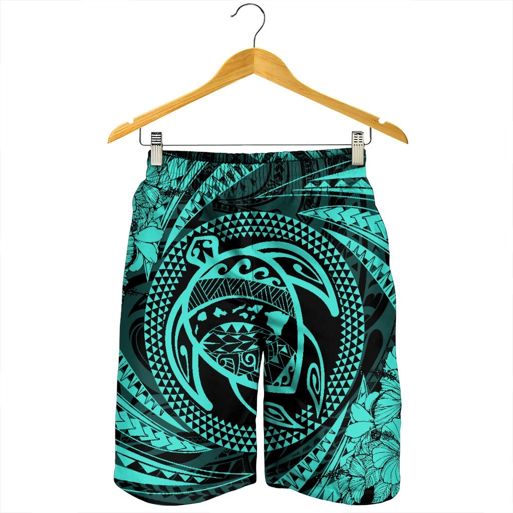 Hawaiian Kanaka Honu Hibiscus Tornando Polynesian Turquoise Men's Shorts - AH - Polynesian Pride