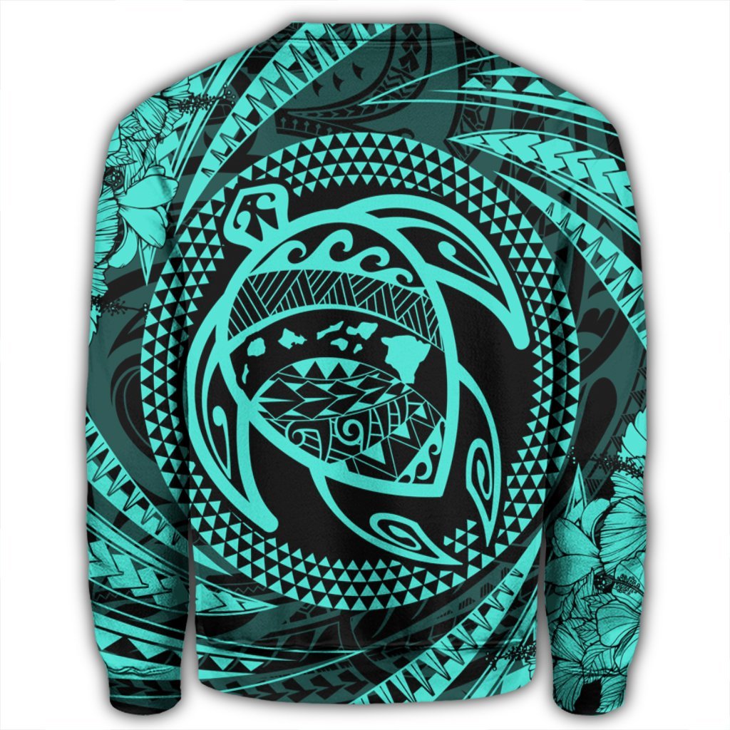 Hawaiian Kanaka Honu Hibiscus Tornando Polynesian Turquoise Sweatshirt - AH - Polynesian Pride