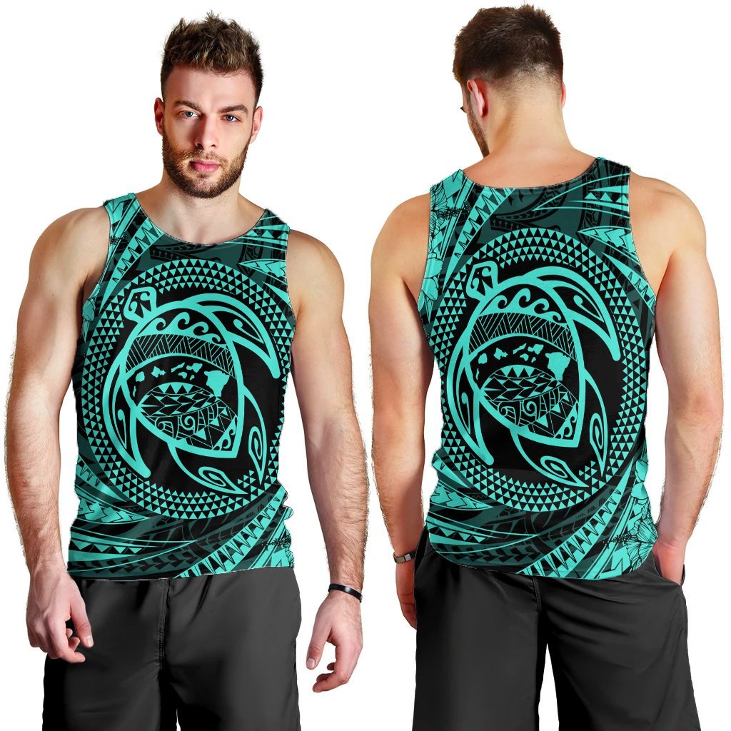 Hawaiian Kanaka Honu Hibiscus Tornando Polynesian Turquoise Tank Top - AH - Polynesian Pride