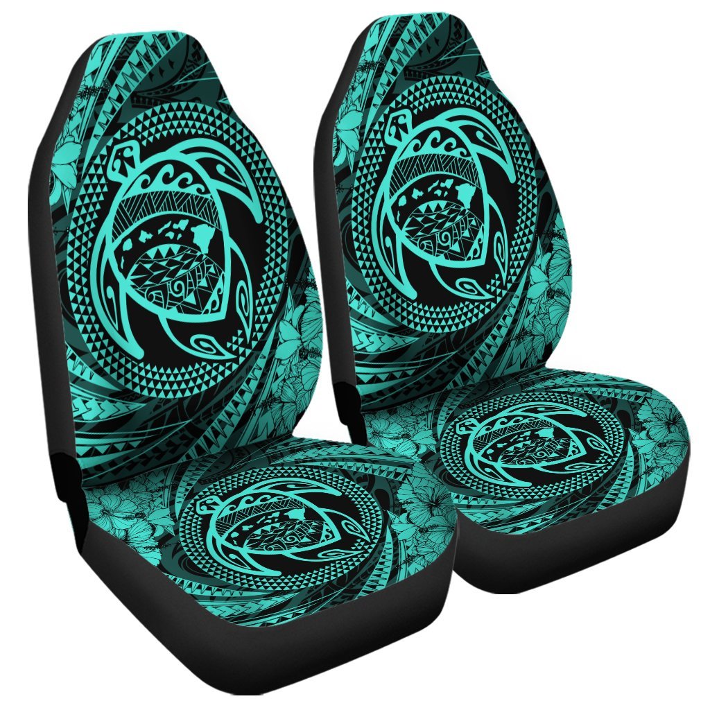 Hawaiian Kanaka Honu Hibiscus Tornando Polynesian Turquoise Car Seat Covers - AH Universal Fit Black - Polynesian Pride