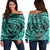 Hawaiian Kanaka Honu Hibiscus Tornando Polynesian Turquoise Women's Off Shoulder Sweater - AH Black - Polynesian Pride