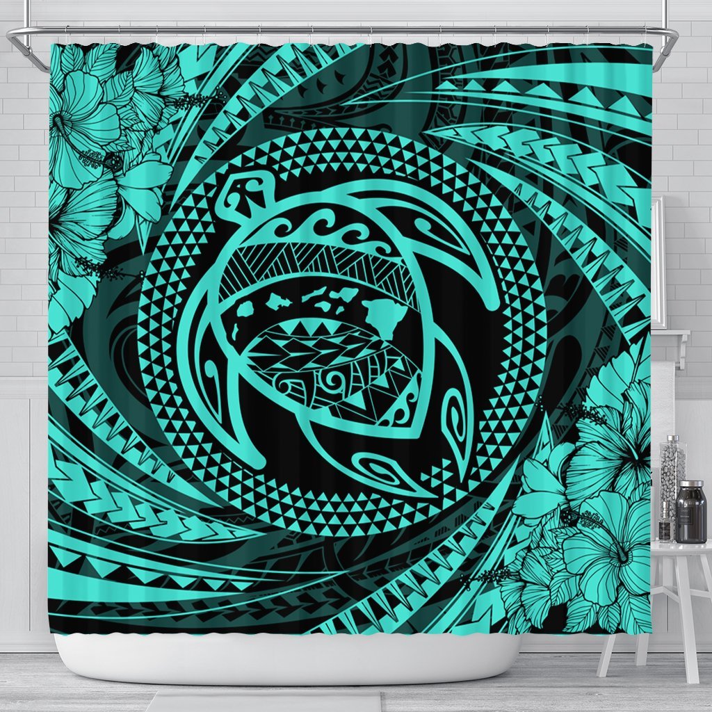 Hawaiian Kanaka Honu Hibiscus Tornando Polynesian Turquoise Shower Curtain - AH 177 x 172 (cm) Black - Polynesian Pride