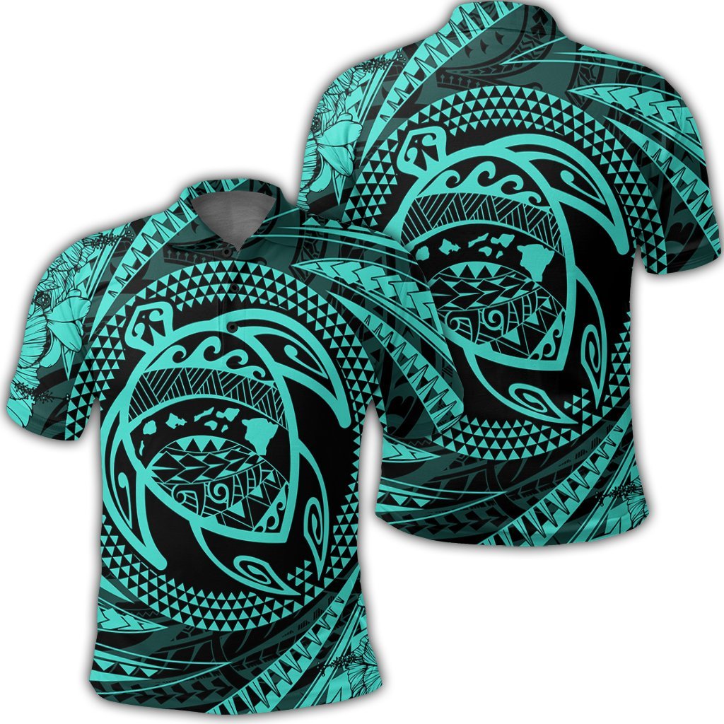 Hawaiian Kanaka Honu Hibiscus Tornando Polynesian Turquoise Polo Shirt Unisex Black - Polynesian Pride