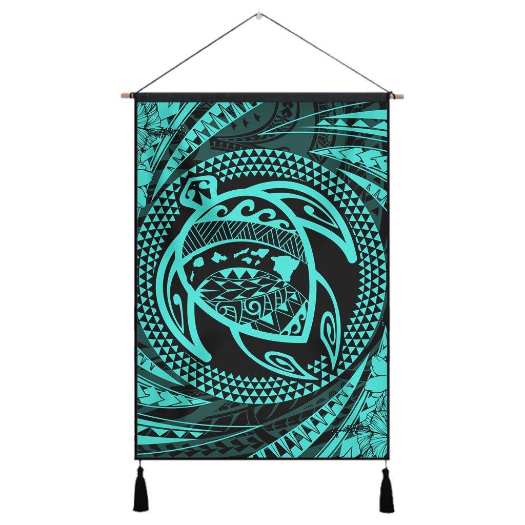 Hawaiian Kanaka Honu Hibiscus Tornando Polynesian Turquoise Hanging Poster - AH Hanging Poster Cotton And Linen - Polynesian Pride