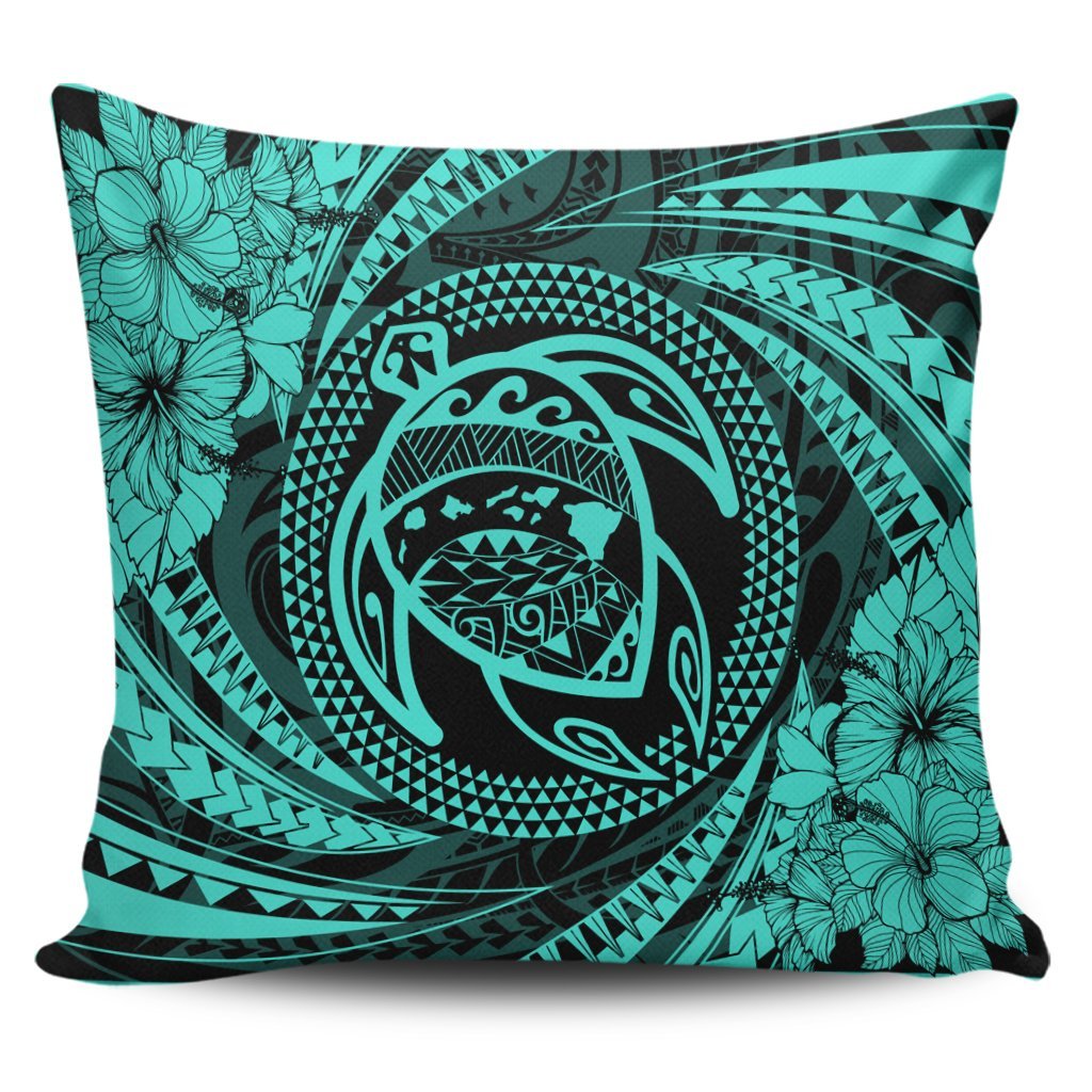 Hawaiian Kanaka Honu Hibiscus Tornando Polynesian Turquoise Pillow Covers - AH Pillow Covers Black - Polynesian Pride