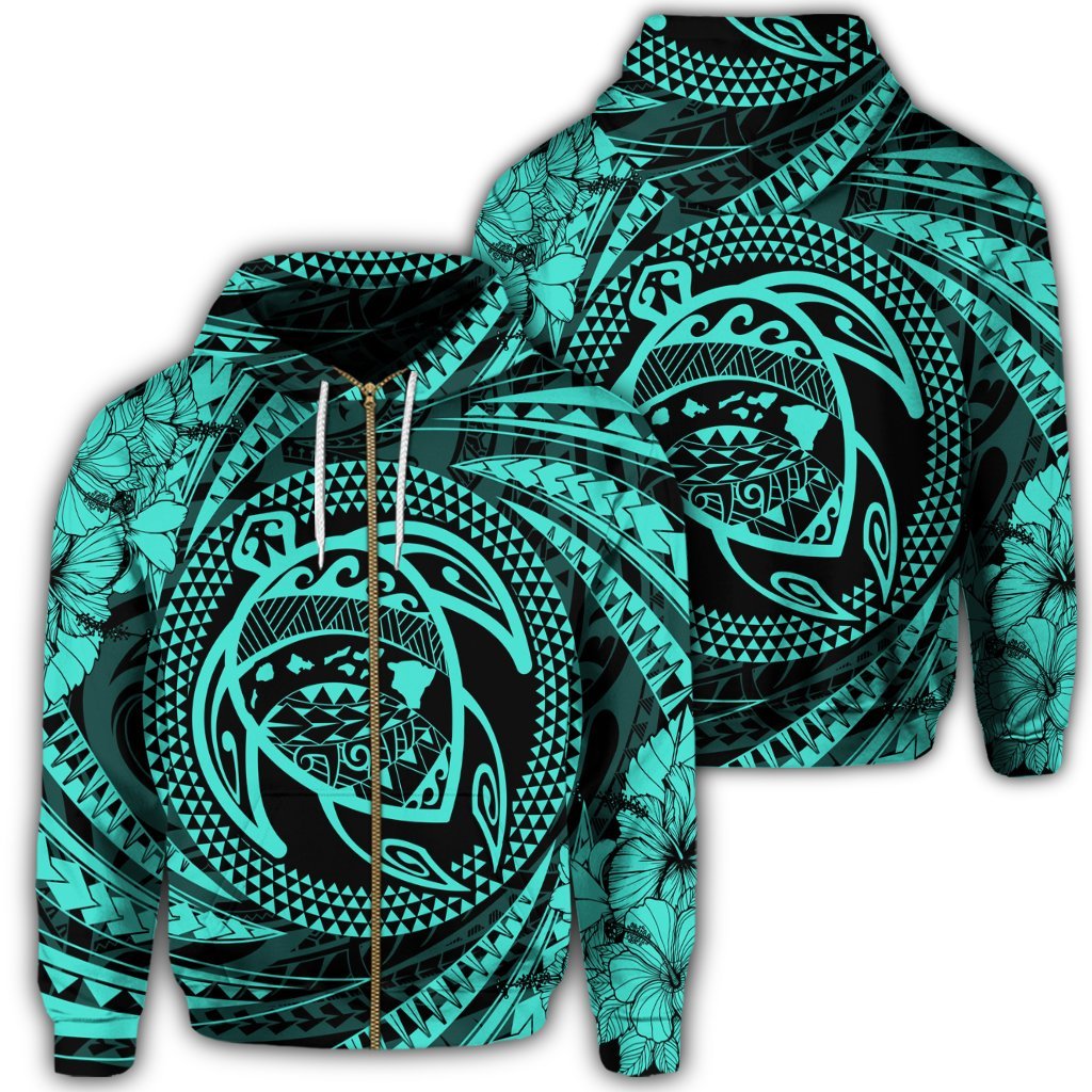 Hawaiian Kanaka Honu Hibiscus Tornando Polynesian Turquoise Zip Hoodie Unisex Art - Polynesian Pride