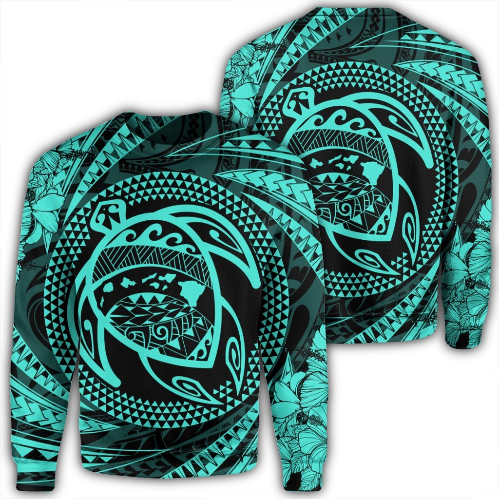 Hawaiian Kanaka Honu Hibiscus Tornando Polynesian Turquoise Sweatshirt - AH Unisex Black - Polynesian Pride
