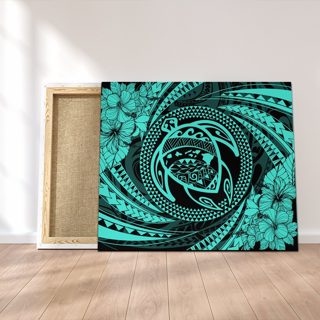 Hawaiian Kanaka Honu Hibiscus Tornando Polynesian Turquoise Canvas - AH Canvas Poly-cotton - Polynesian Pride