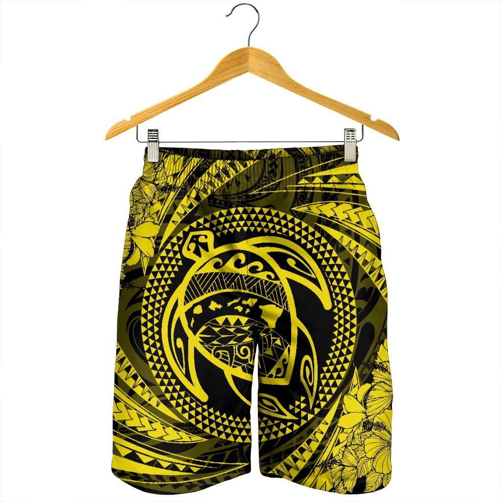Hawaiian Kanaka Honu Hibiscus Tornando Polynesian Yellow Men's Shorts - AH - Polynesian Pride