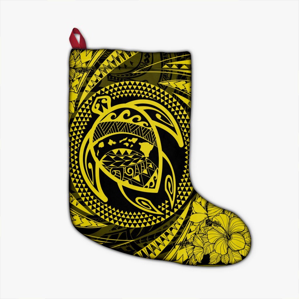 Hawaiian Kanaka Honu Hibiscus Tornando Polynesian Yellow Christmas Stocking - AH Christmas Stocking 26 X 42 cm Black - Polynesian Pride