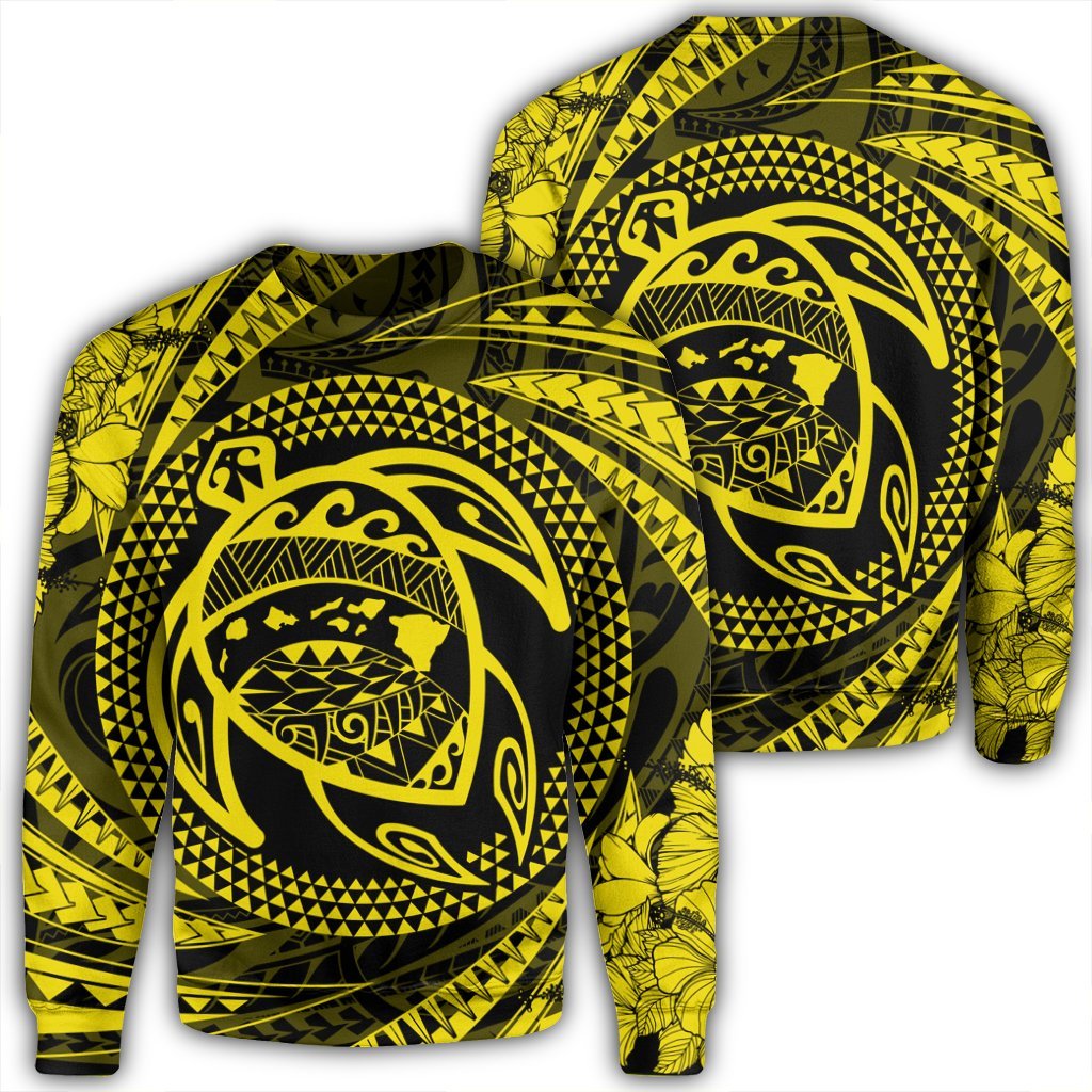 Hawaiian Kanaka Honu Hibiscus Tornando Polynesian Yellow Sweatshirt - AH Unisex Black - Polynesian Pride